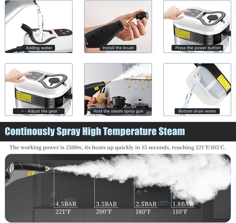 Haosidsn Powerful 2500W Handheld Steam Cleaner,15s Fast Heat-Up & High-Pressure Steam, 6-Level Adjustable Settings for Deep Cleaning on Floors, Kitchen, Bathroom, Car, Grout (White) - Image 5